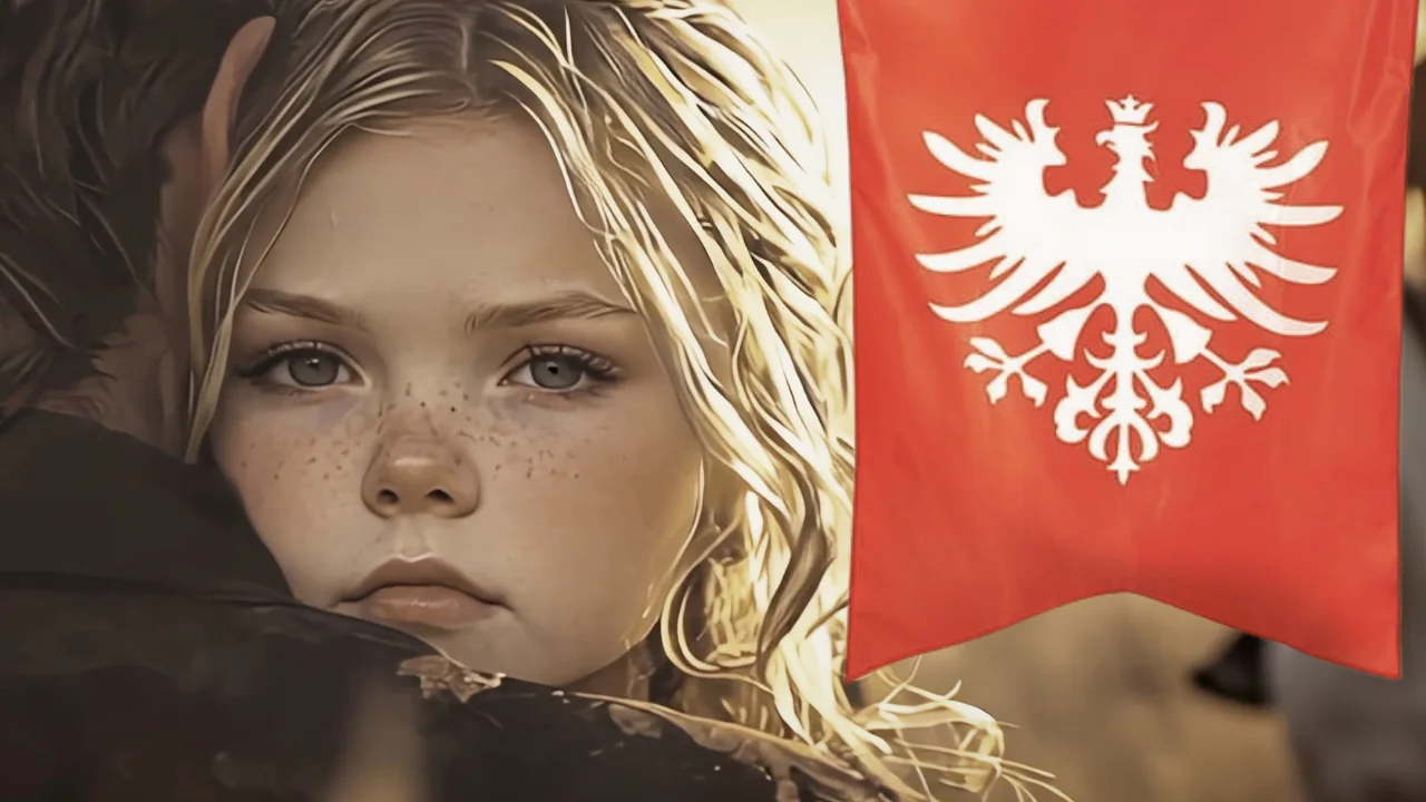 Dziewczynka obejmująca mężczyznę, obok biało-czerwona chorągiew z orłem — kadr z filmu „AI i VFX w służbie historii”
