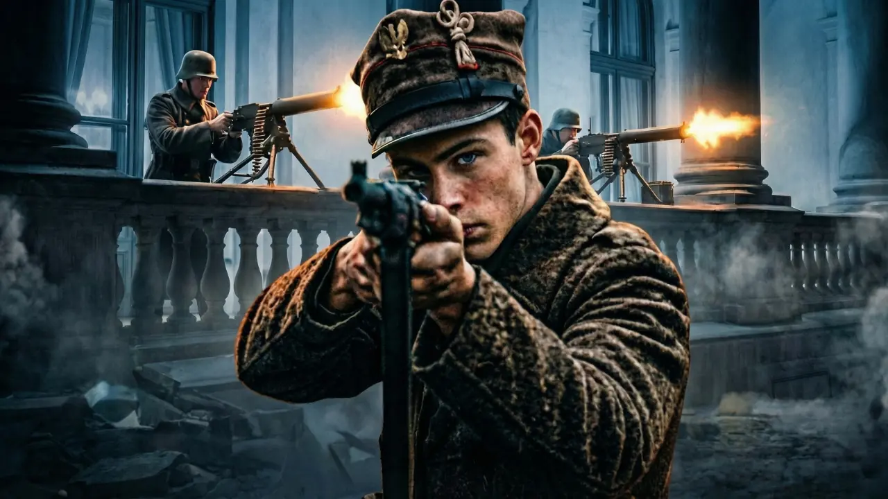 Powstaniec celujący z karabinu podczas walk w Poznaniu — kadr z filmu AI o 27 grudnia 1918 roku