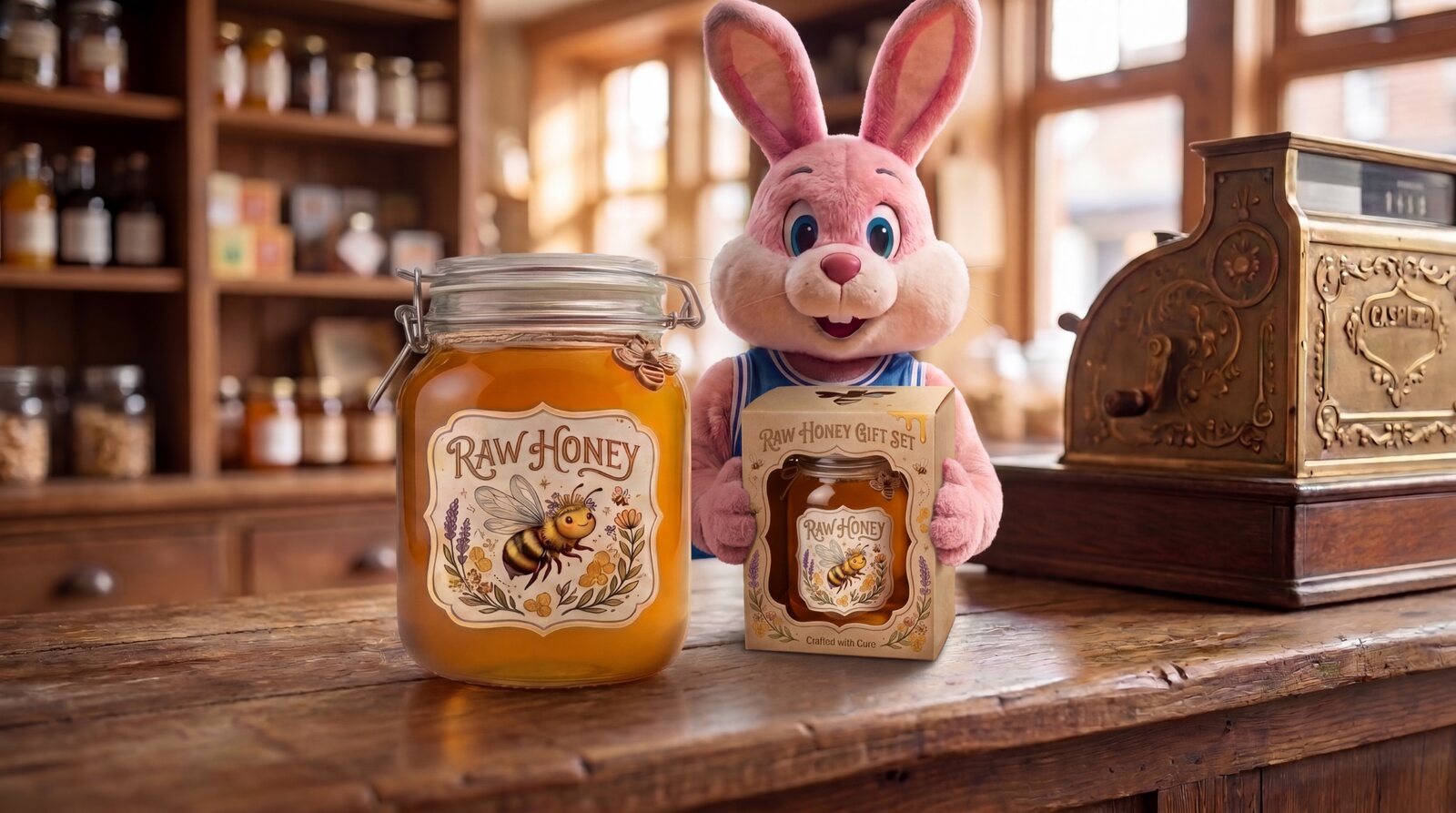 Miś, zajączek i duży słój miodu — kadr z krótkiej reklamy AI Narrix.studio