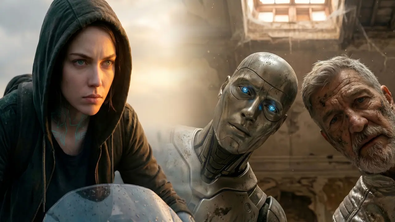 Kira, android Lumen i Ojciec Okienko — kadr z filmu science fiction stworzonego dla Oknario